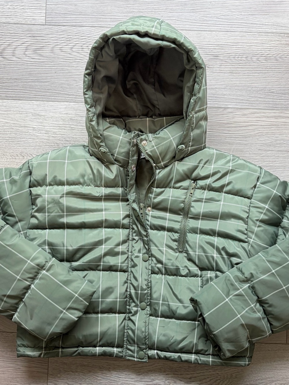 Pac Sun Hooded Puffer Jacket - Green Plaid Women’s Medium Large
